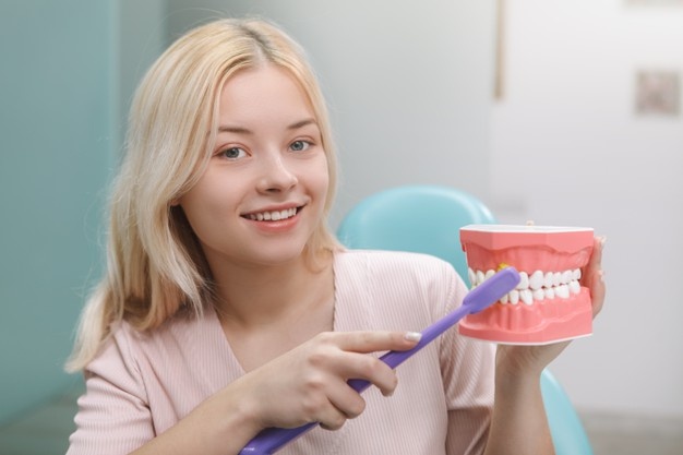 cheerful-woman-smiling-camera-showing-how-brush-teeth-correctly-jaw-model_118628-2716